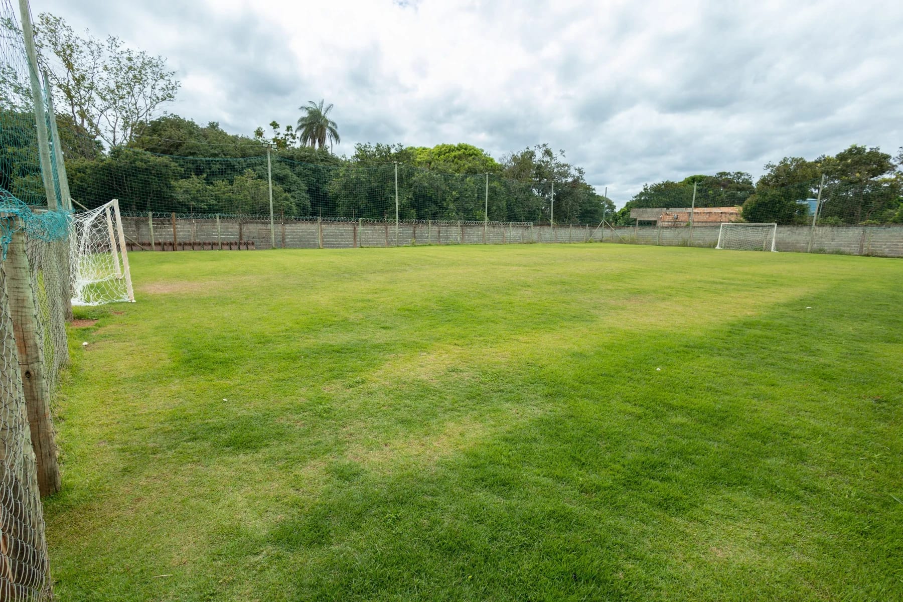 Campo de futebol gramado com traves, redes e árvores ao fundo.